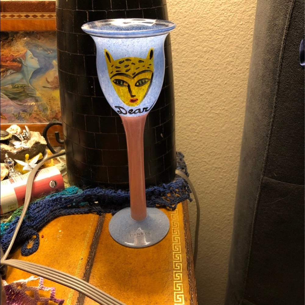 Kosta Boda signed Ulrica Hydman-Vallien wine goblet with hand-painted face